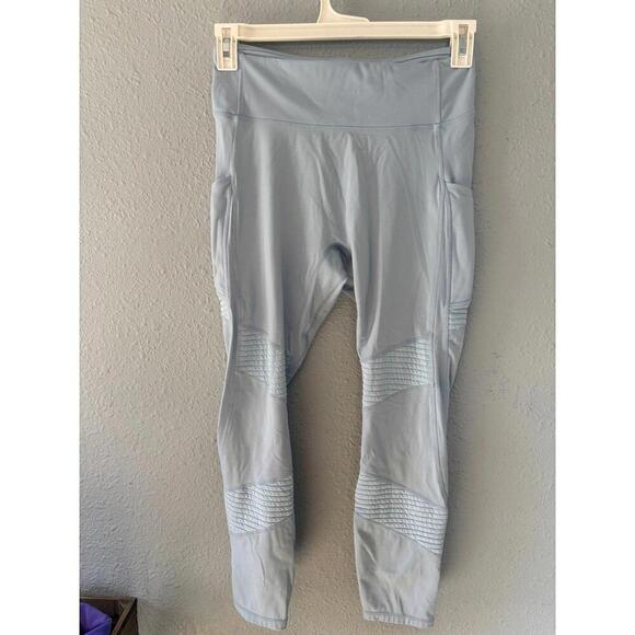 Fabletics Motion 365 light blue 7/8 length leggings with ribbed detail. Side poc - Picture 2 of 3